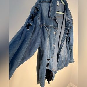 Oversized Jean Jacket with Black Ribbon Details